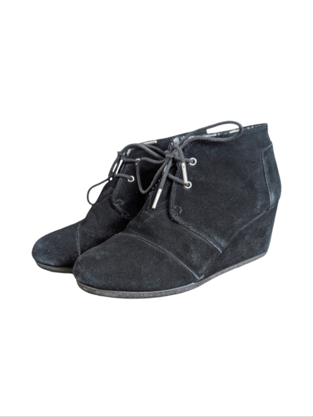 TOMS Black Suede Lace Up Wedge Booties – Size 8.5
